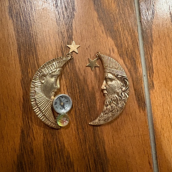 Kirks Folly Jewelry - Vintage Kirks Folly Gold Moon Face Star Earrings with Compass and Crystal Accent